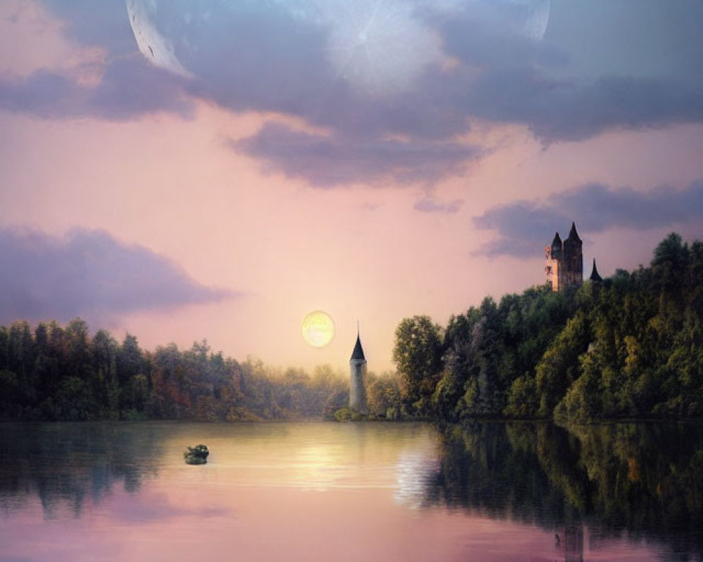 Pastel Landscape with Castle, Lake, Boat, and Moon