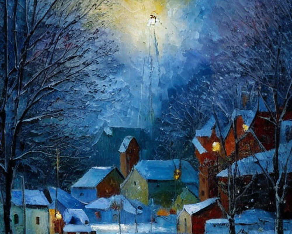 Snowy village at night: Warm lights, river reflection, colorful sky