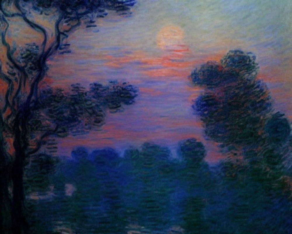 Vibrant Impressionist Sunset Painting with Silhouetted Trees