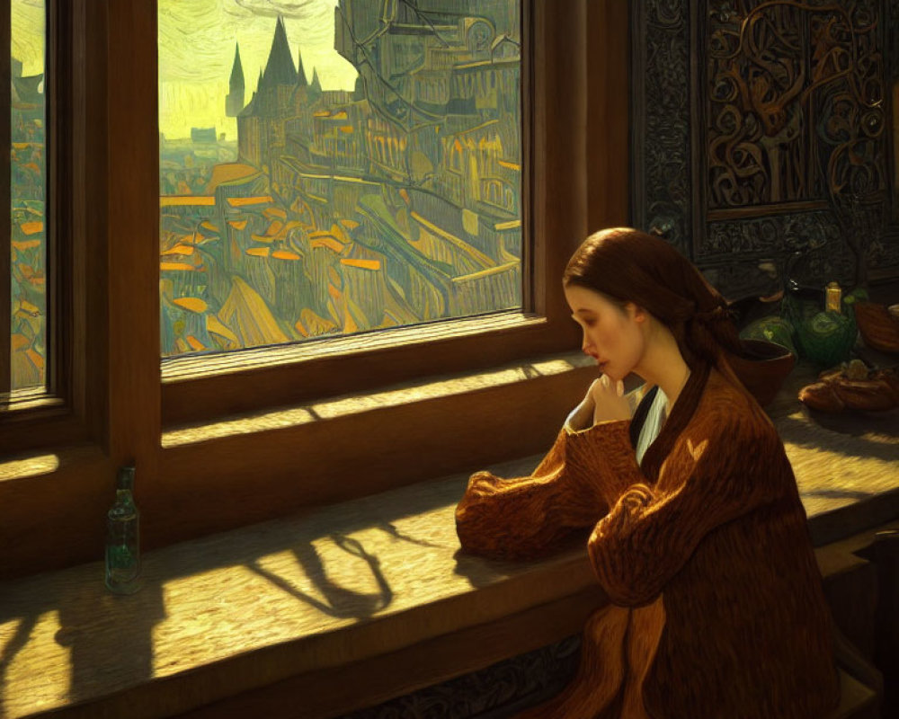 Woman in fur-lined robe gazes out window with stained-glass landscape in background