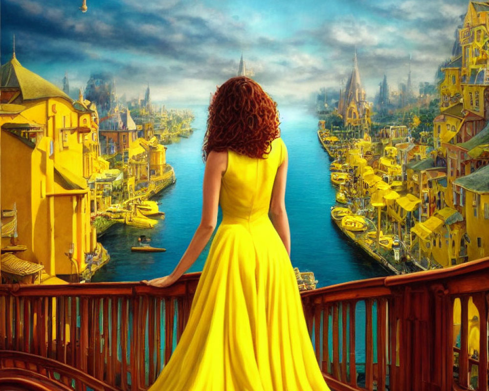 Red-Haired Woman in Yellow Dress on Bridge Overlooking Colorful Cityscape