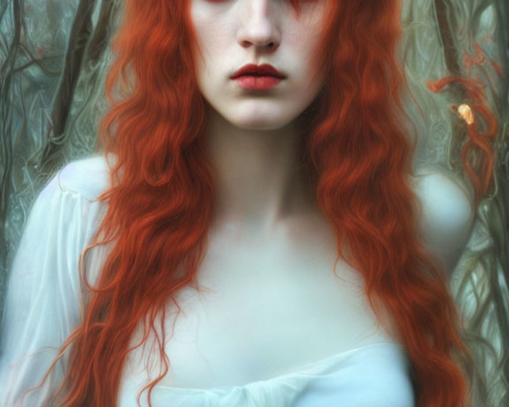 Striking red-haired woman in sheer white garment among twisted trees