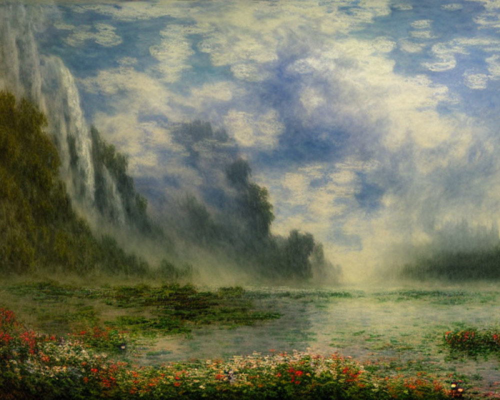 Lush Landscape with Waterfall and Floral Foreground