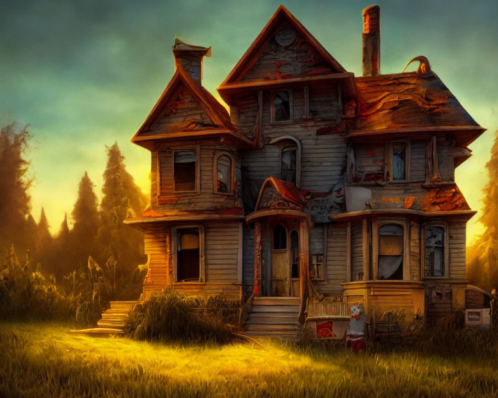 Eerie dilapidated Victorian house in twilight-drenched field