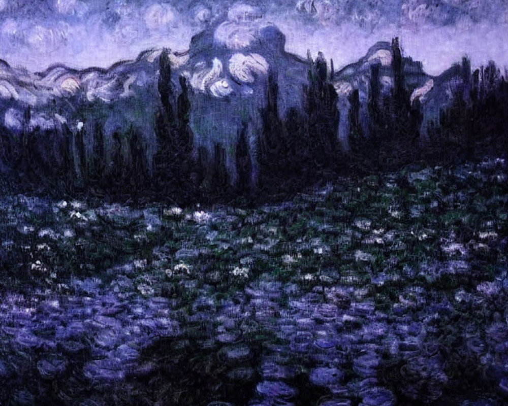 Moonlit Landscape with Mountains, Flowers, and Cypress Trees