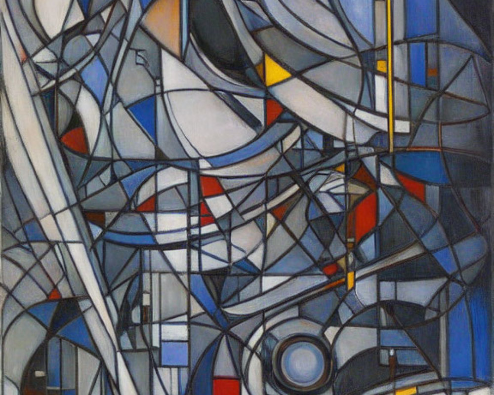 Cubist abstract painting with blue, white, gray, red, and yellow geometric shapes