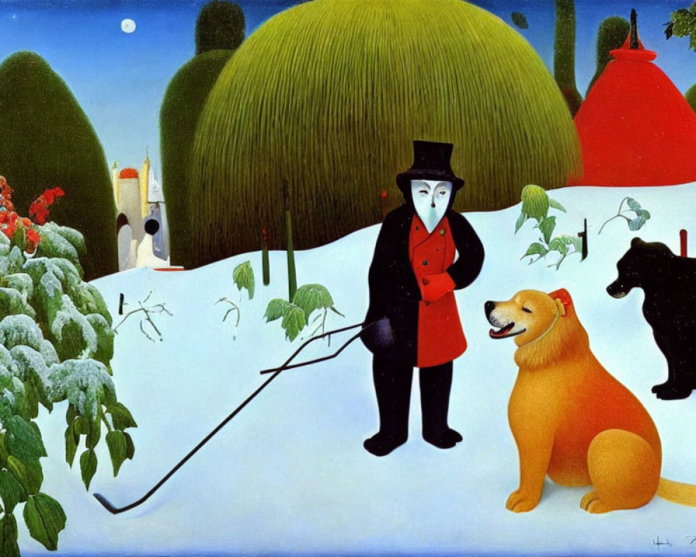 Surrealist painting of figure with top hat walking golden dog