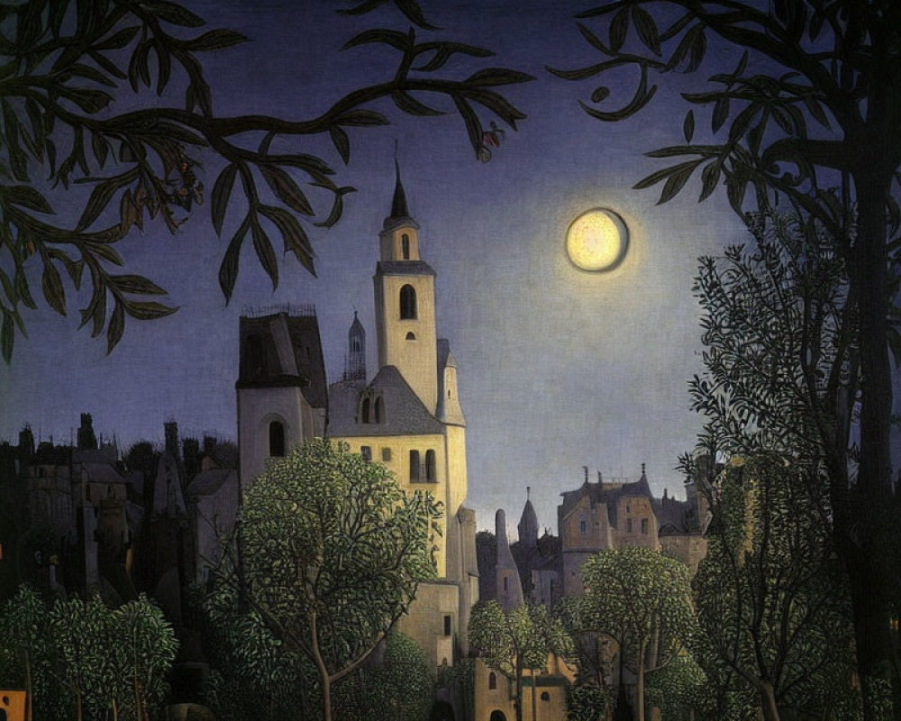 Full Moon Nighttime Scene: Serene Village with Church and Silhouetted Trees