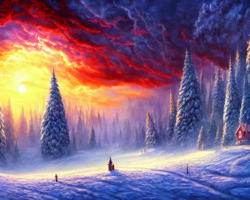 Snow-covered trees, glowing sunset, cabin, snowfall in serene winter scene