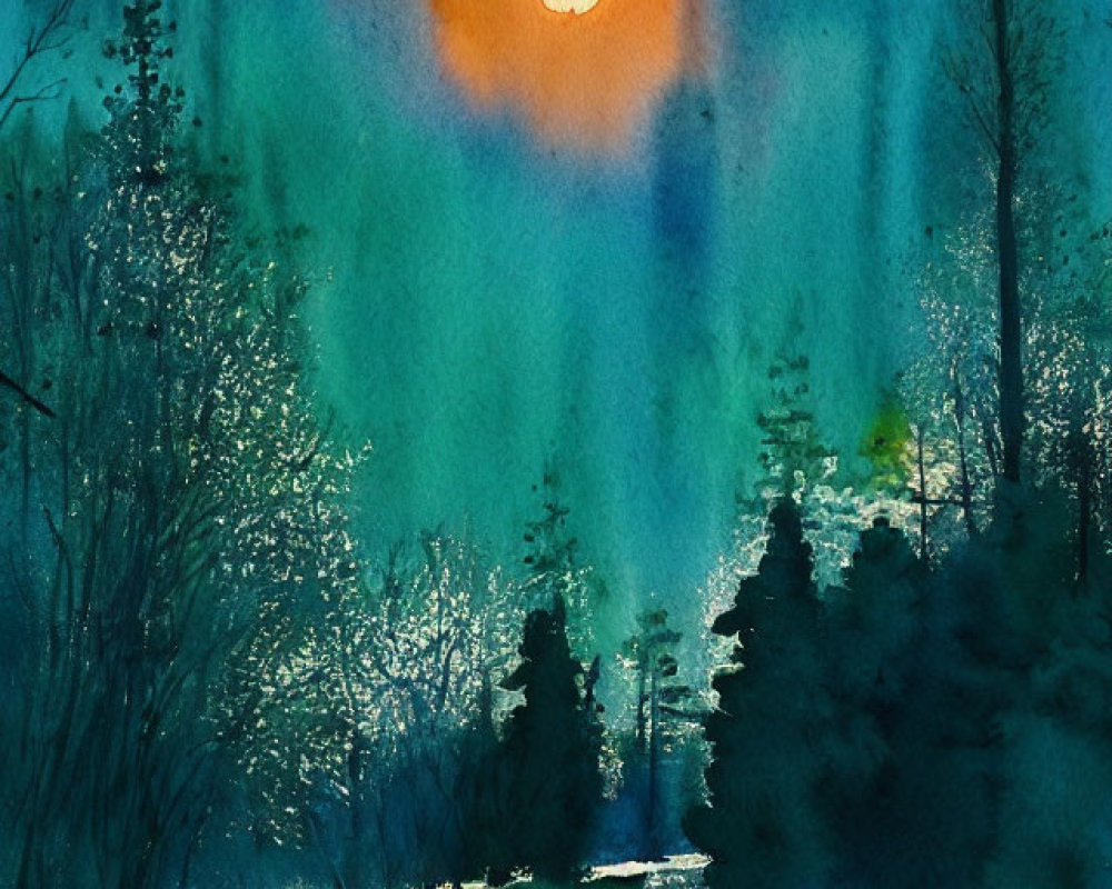 Nighttime Forest Scene: Watercolor Painting of Trees Silhouetted Against Blue Sky and Orange Moon