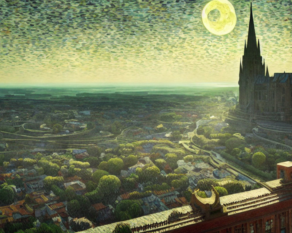 Detailed impressionist painting: cathedral overlooking city under green moonlit sky