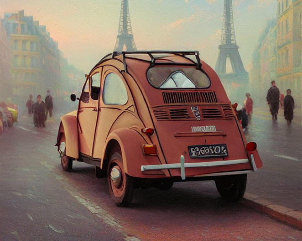 Vintage car on Paris street with Eiffel Tower and pedestrians at dusk