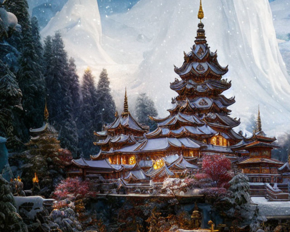Snowy mountain pagoda scene with starry night sky