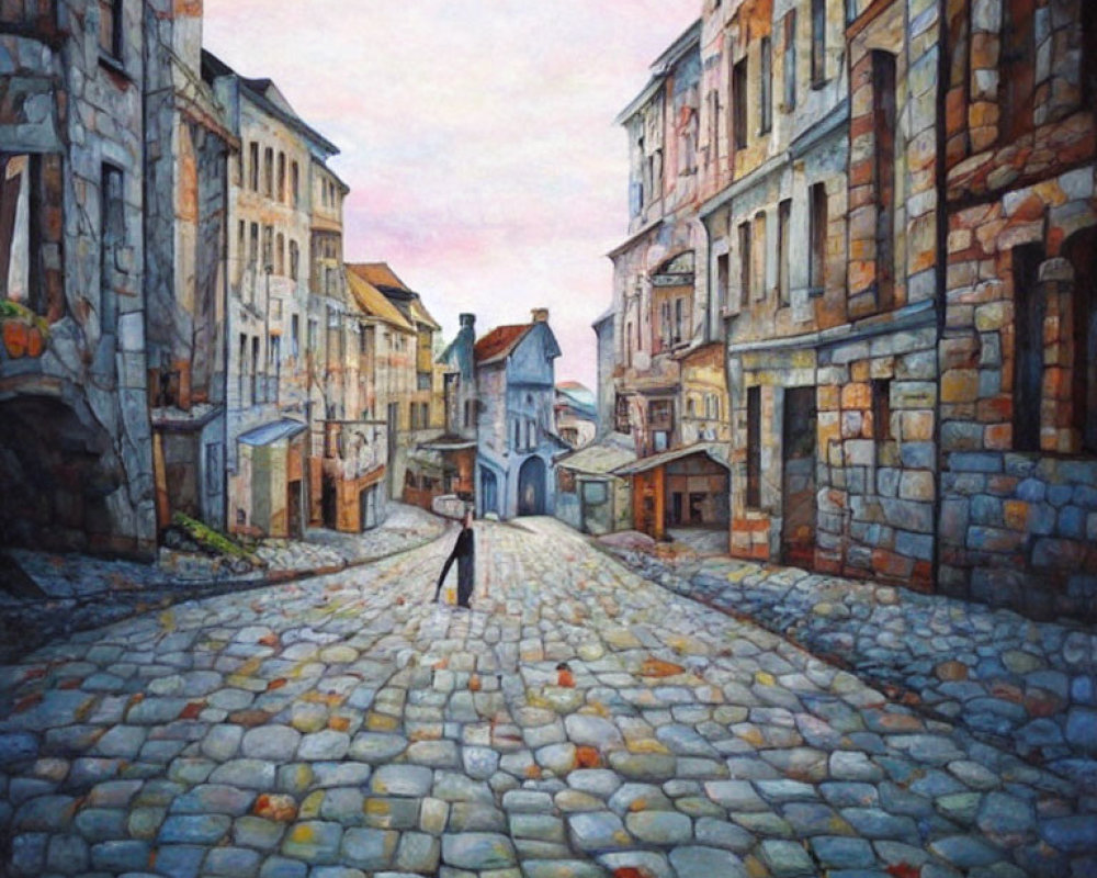 Solitary figure walking on cobblestone street amidst colorful buildings