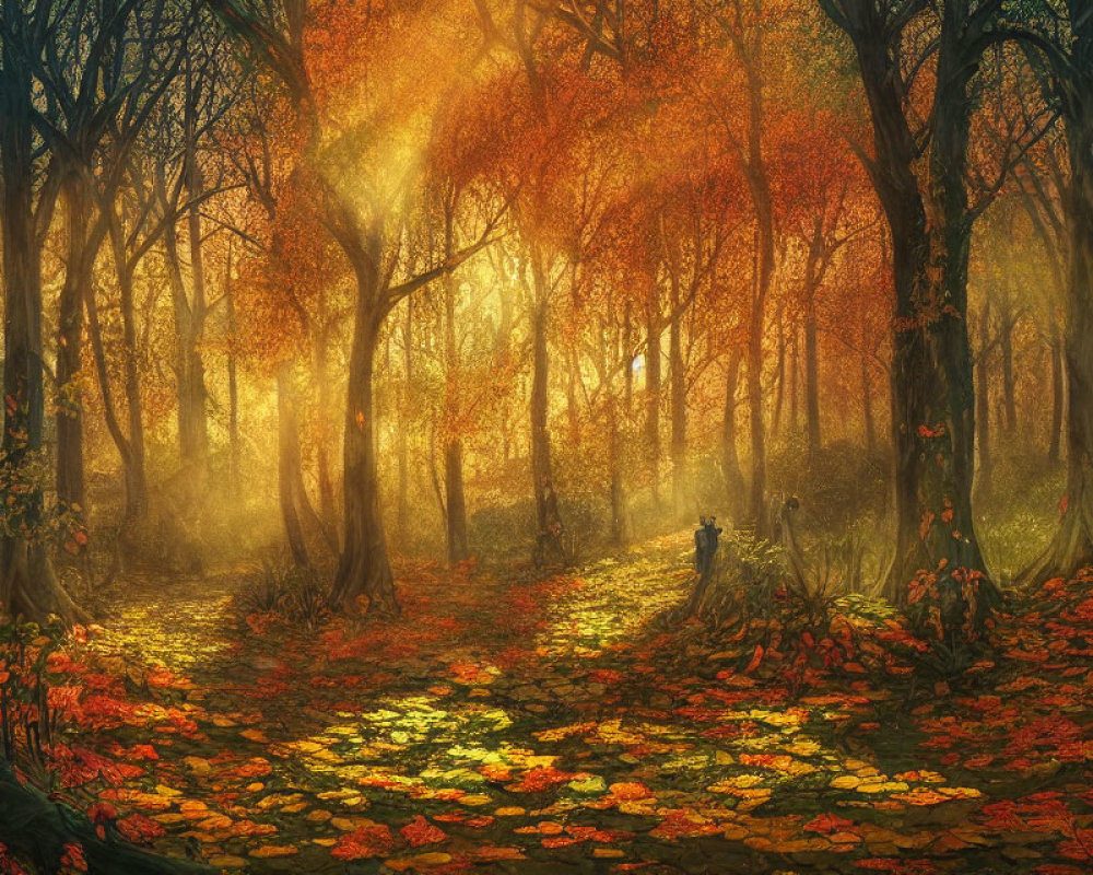 Sunlit Mystical Autumn Forest with Golden Foliage