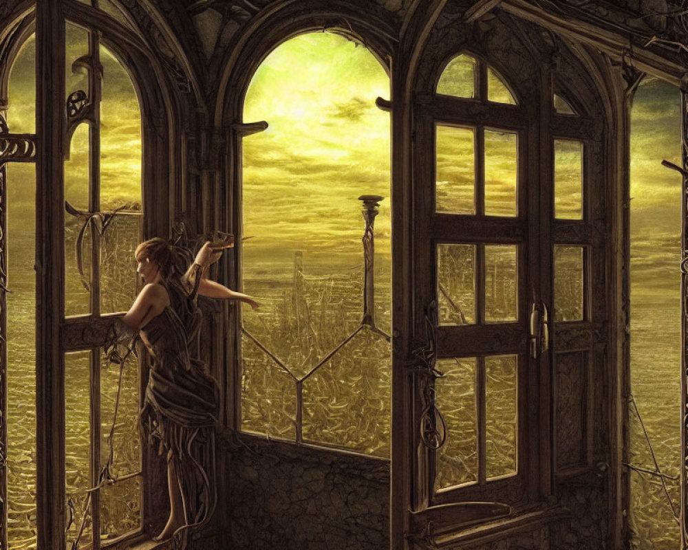 Figure in draped cloth gazes from Gothic window at surreal landscape under green sky.