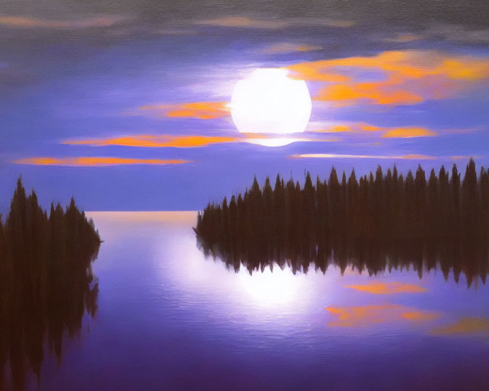 Tranquil lake with full moon, twilight skies, and pine forests