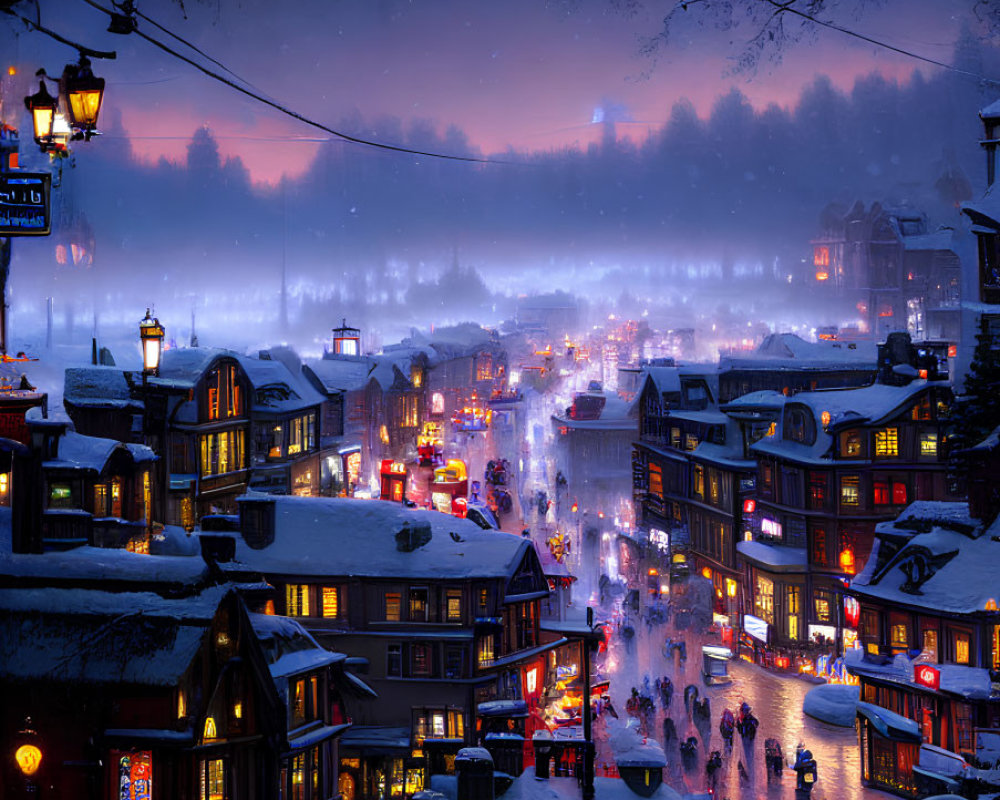 Snow-covered streets and warmly-lit shops on a bustling winter evening