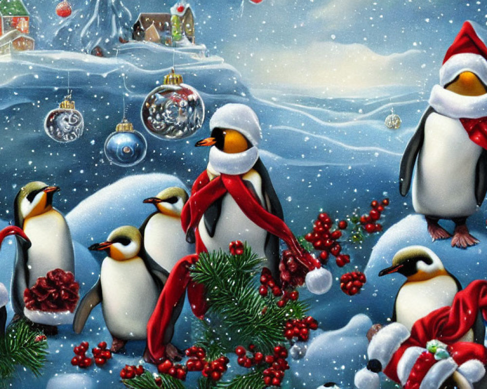 Adorable Penguins in Santa Hats and Scarves in Festive Winter Scene