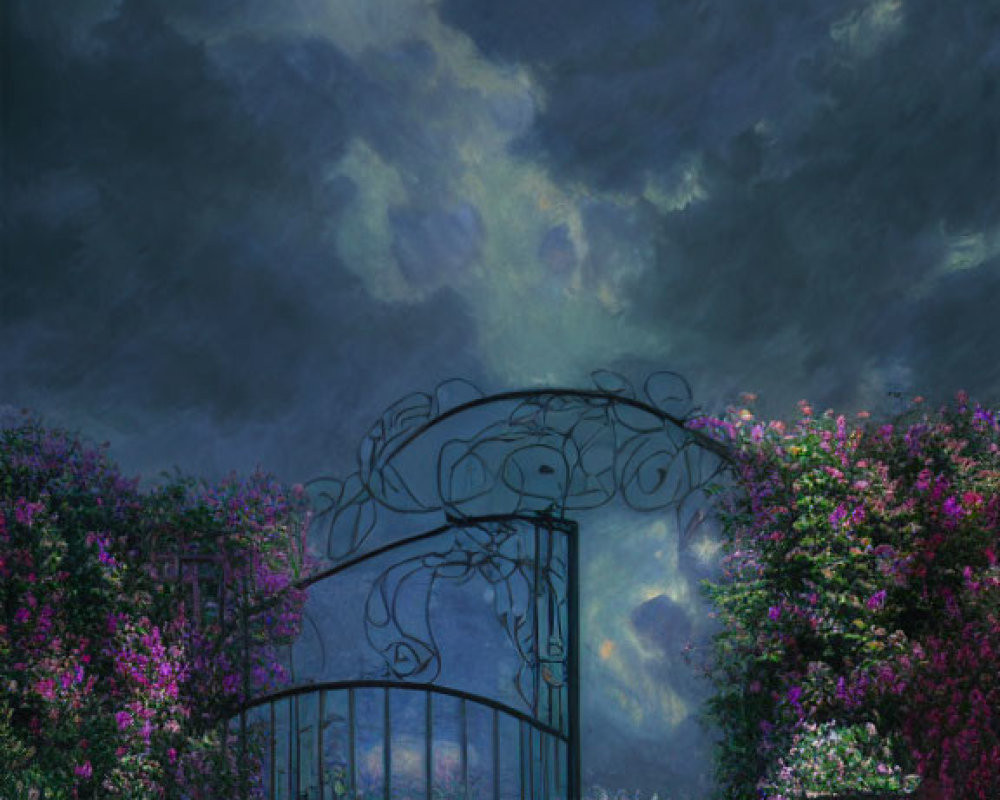 Ornate garden gate leading to serene night scene with blossoming flowers