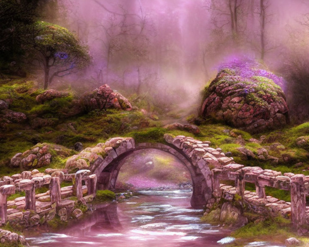 Whimsical landscape with stone bridge over pink stream surrounded by vibrant foliage