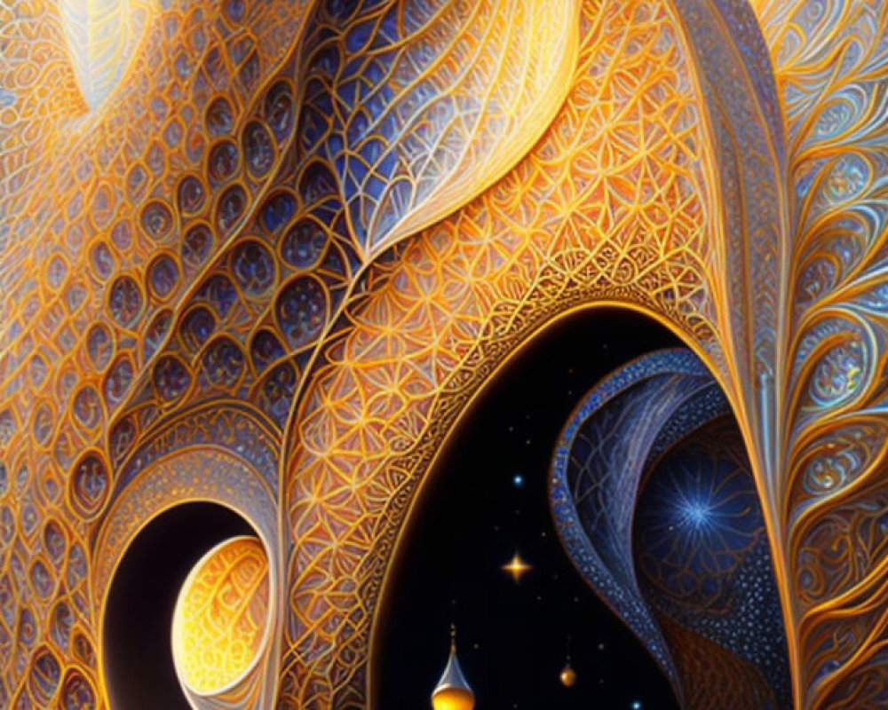 Intricate cosmic artwork with swirling patterns and golden hues