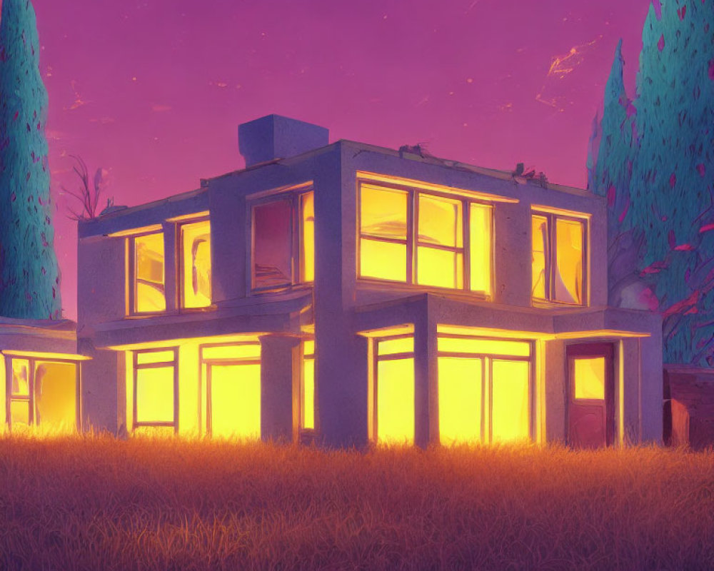 Modern two-story house at dusk with glowing windows in purple sky