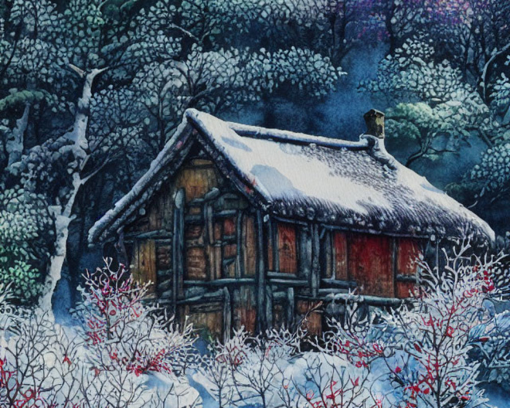 Snowy Landscape Watercolor Painting: Cozy Wooden Cabin with Red Berries