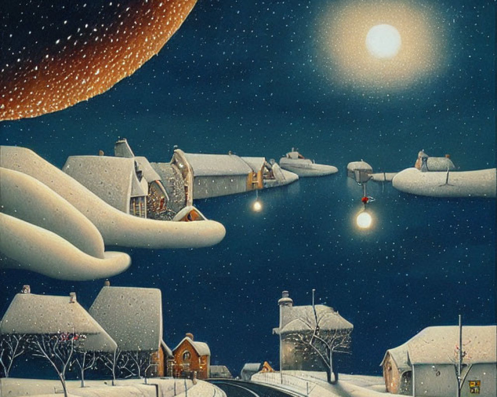 Stylized winter night scene with crescent moon, snow-covered houses, trees, and street lights