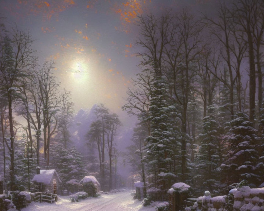 Snow-covered cottages in serene winter forest under glowing moon