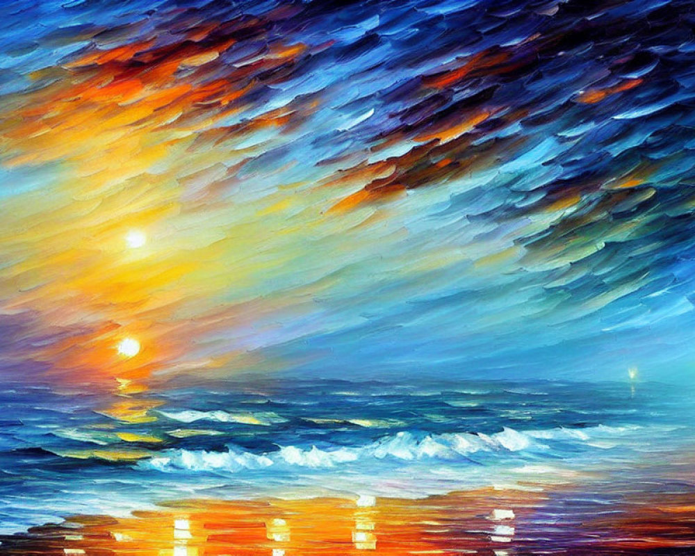 Vibrant Sunset Painting with Blues, Oranges, and Yellows