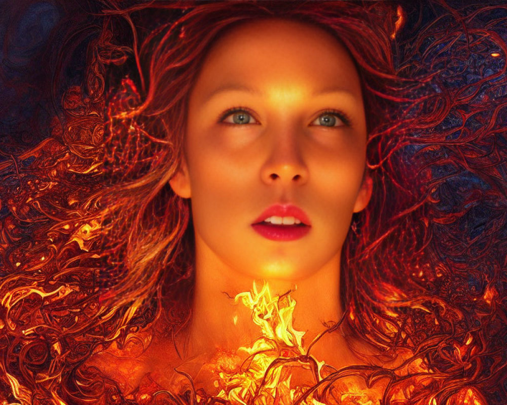 Fiery red-haired woman surrounded by flame-like patterns in warm setting