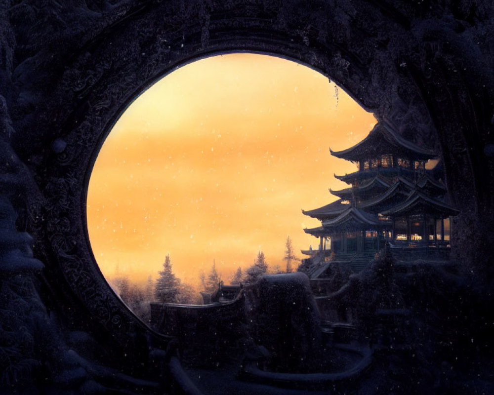 Circular portal frames traditional pagoda in snowy sunset scene