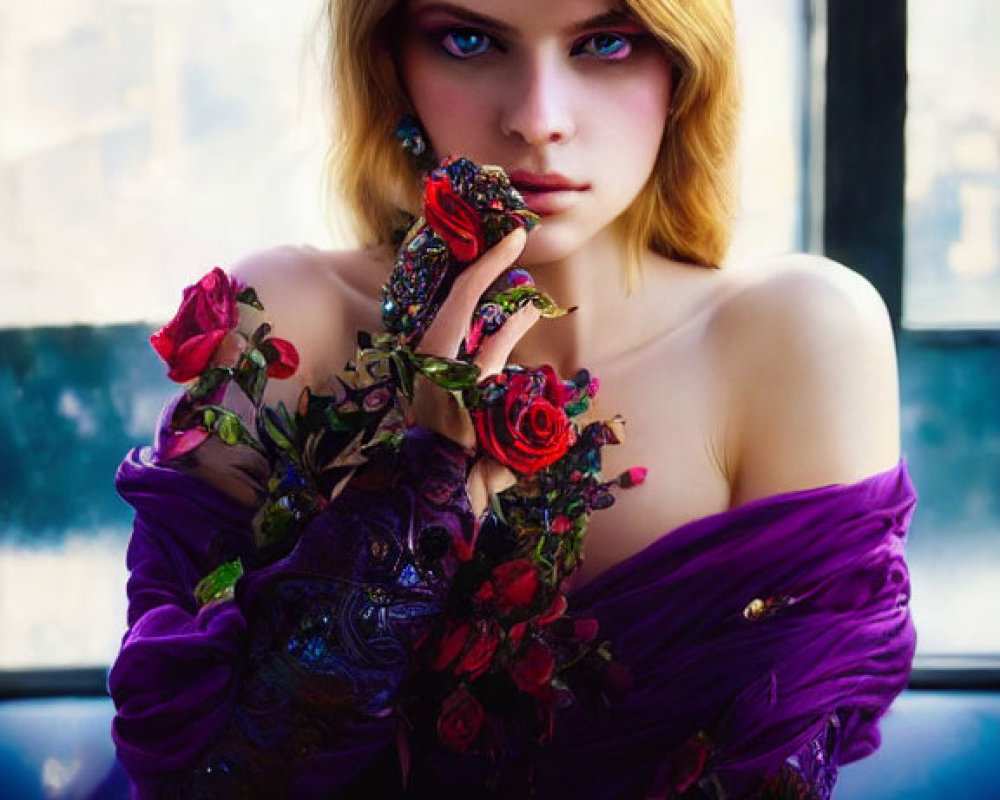 Woman with Blue Eyes in Floral Tiara and Purple Dress Holding Rose