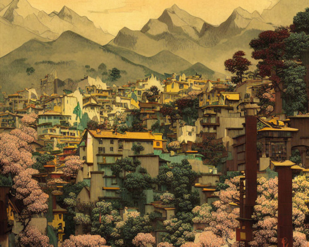 Asian village with cherry blossoms and mountains view