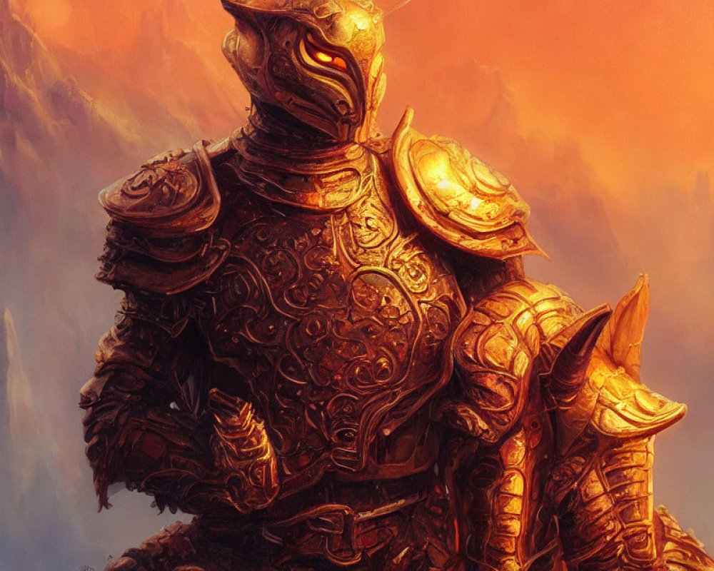 Detailed illustration of knight in golden armor against warm orange backdrop