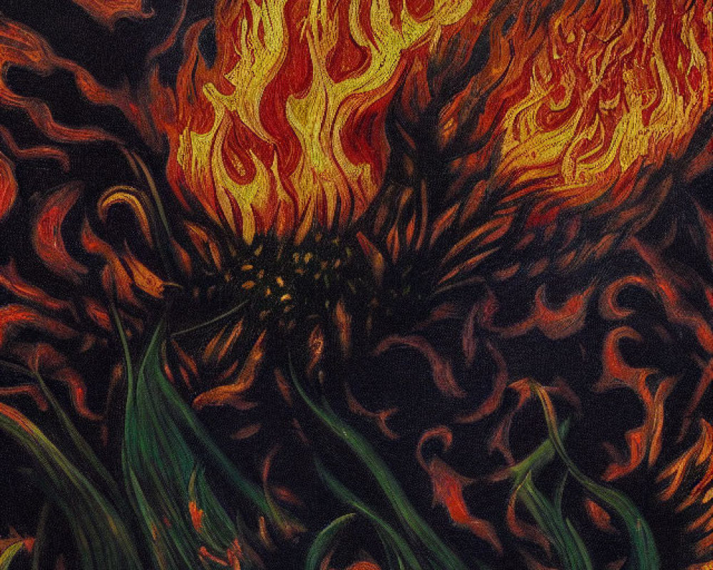 Colorful painting of flames and plant-like forms on black backdrop