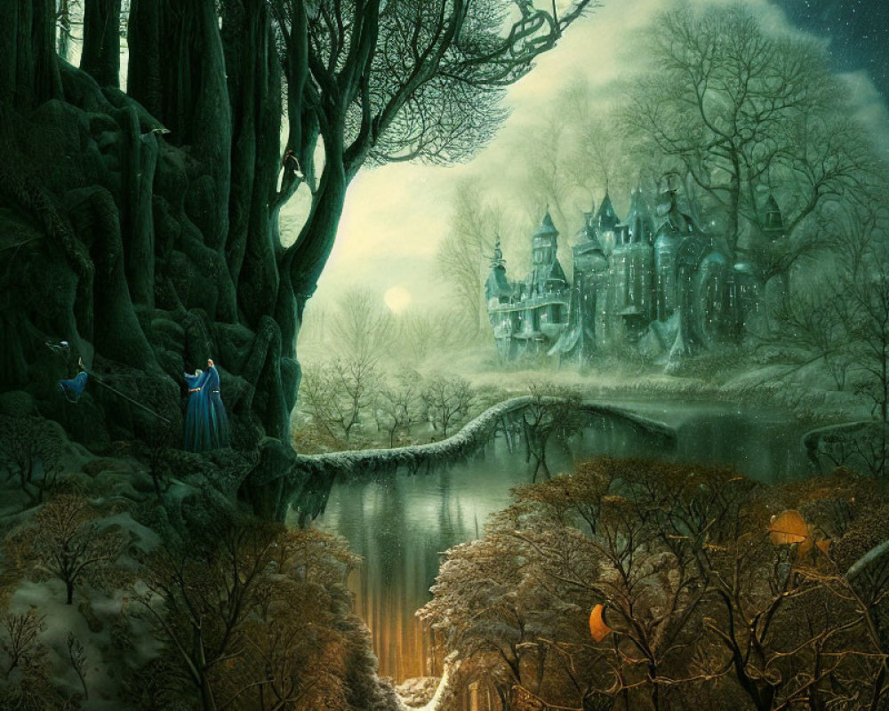 Mystical landscape with woman, castle, lake, and moon