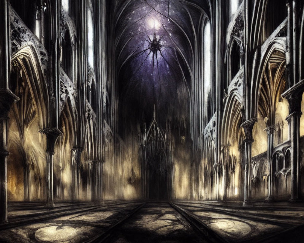 Gothic Cathedral Interior with Towering Arches and Ethereal Light