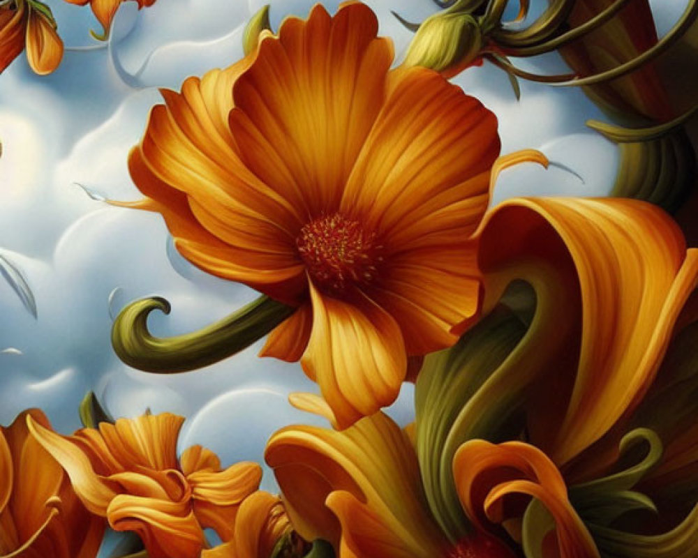 Colorful swirling orange flowers against soft blue sky background