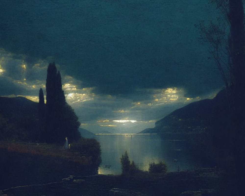 Moonlit Night Landscape with Lake, Trees, and Mountains