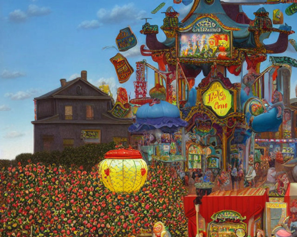 Colorful street scene with flower wall, carousel, lantern, street food cart, and smiling figure.