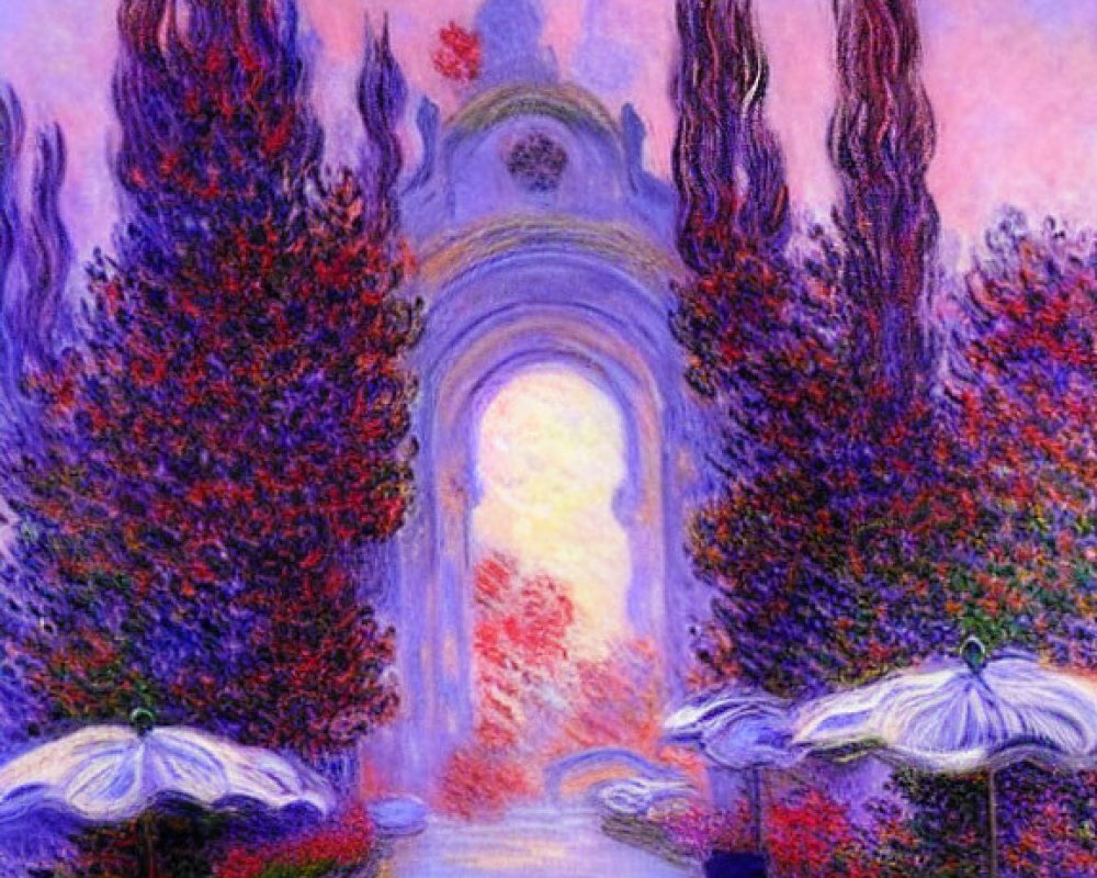 Pathway and Archway Painting with Vibrant Purple and Blue Hues