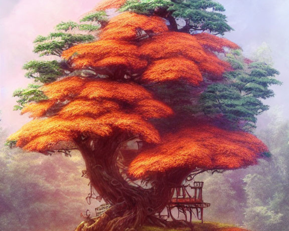 Large tree with red foliage and wooden treehouse in misty background