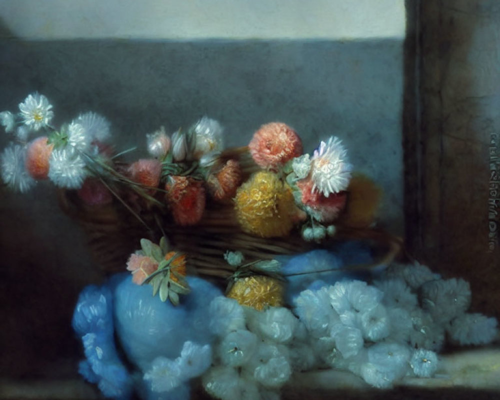 Colorful Flower Basket Still Life Painting with Blue Cloth