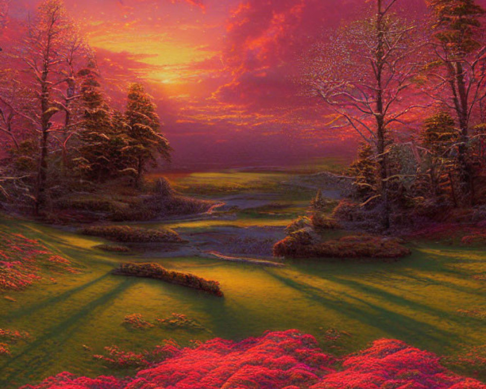 Scenic sunset over lush valley with meandering streams