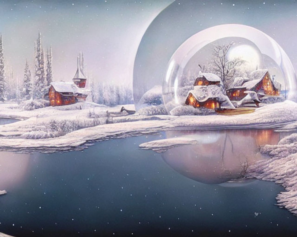 Surreal winter landscape with reflective lake, snow-covered trees, cabins, and two moons