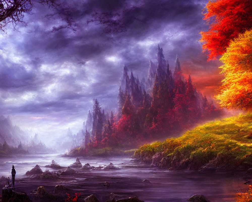 Fantasy landscape with river, autumn trees, human figure, spires, purple sky