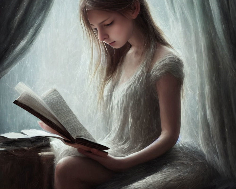 Young girl reads book by softly lit window with sheer curtains