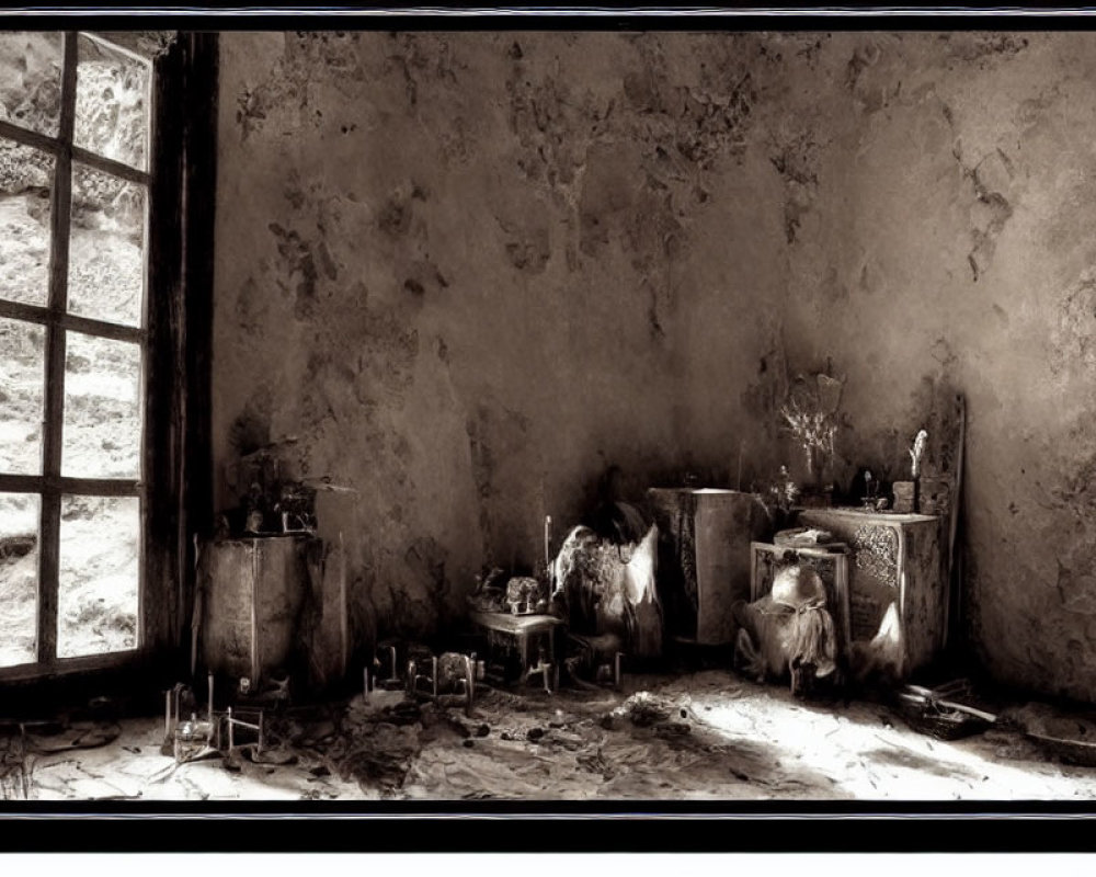 Rustic room with window, deteriorating walls, pots, flowers, and candles.